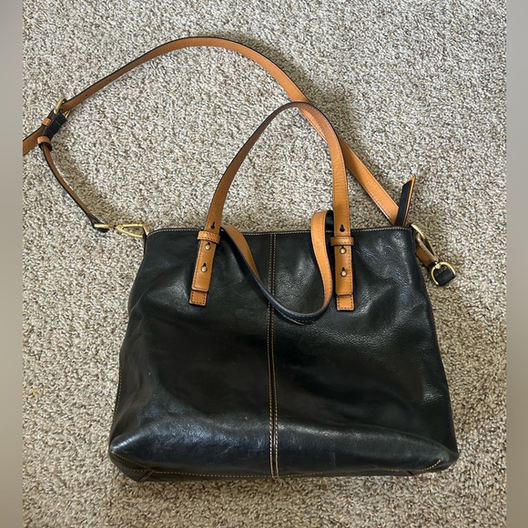 Vera Bradley Sagebrush Satchel Black Tan Leather Tote Bag Stitching Aztec Lined - Picture 2 of 11